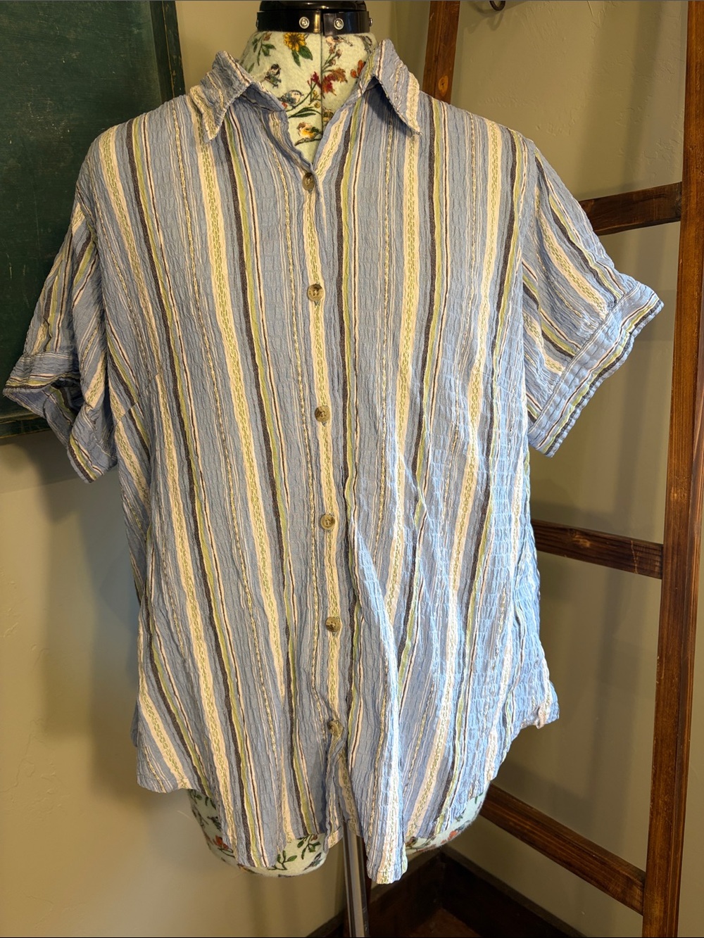 Columbia Blue and White Striped Button-Down Women's Shirt